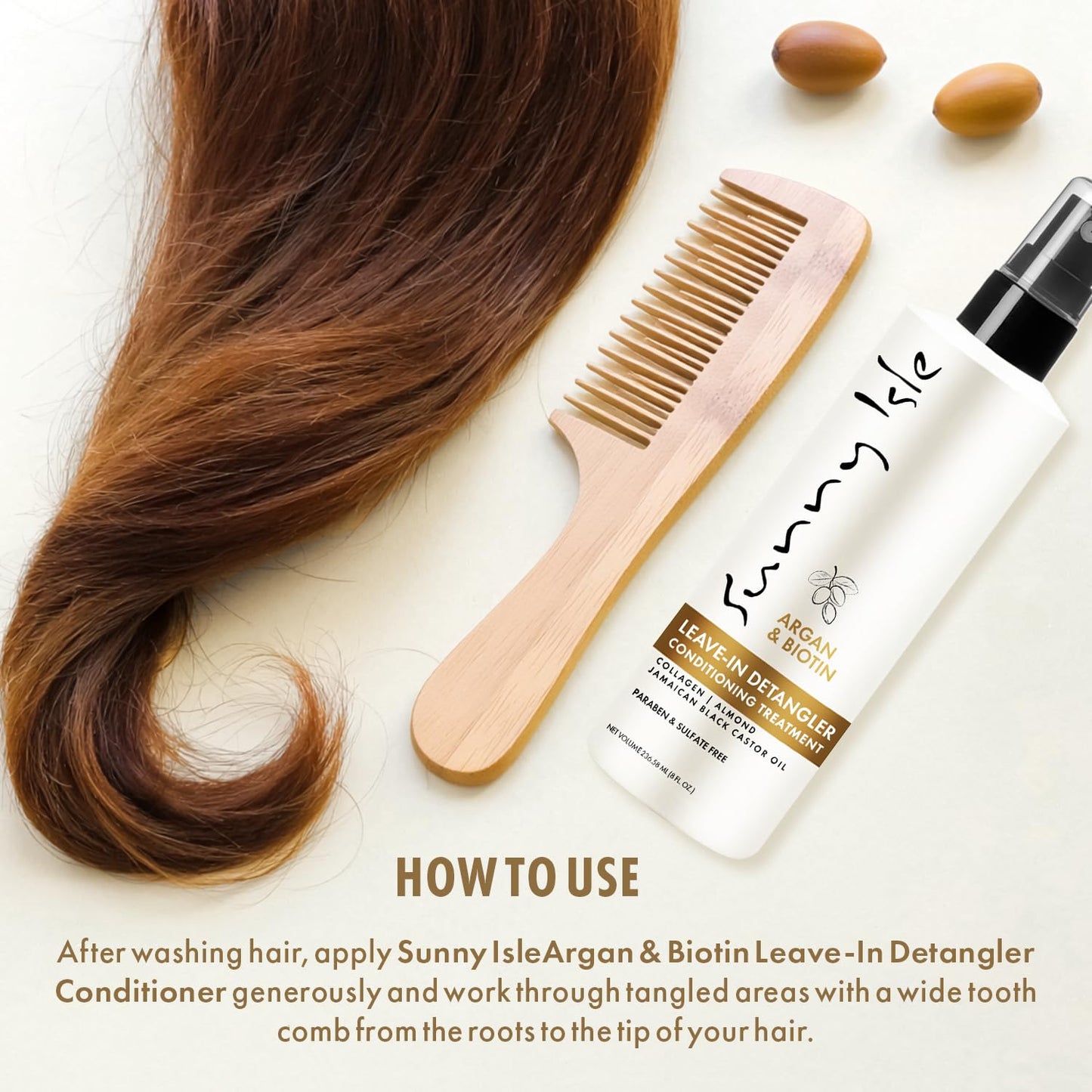 Sunny Isle Leave-In Detangler Conditioner - Argan & Biotin with Collagen, Almond & Castor Oil - 8 oz