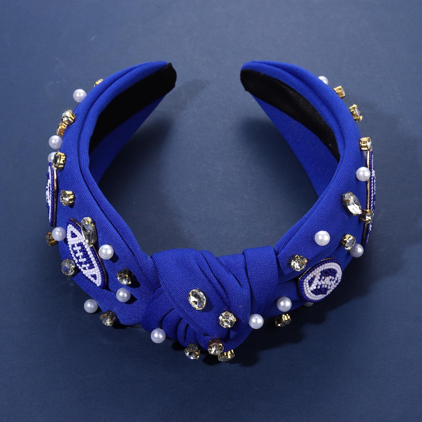 YAHPERN Knotted Headband with Crystals and Pearls for Women - Wide Jeweled Top Knot Headband for Sports, Baseball, and Fan Gifts (Football White&Blue)