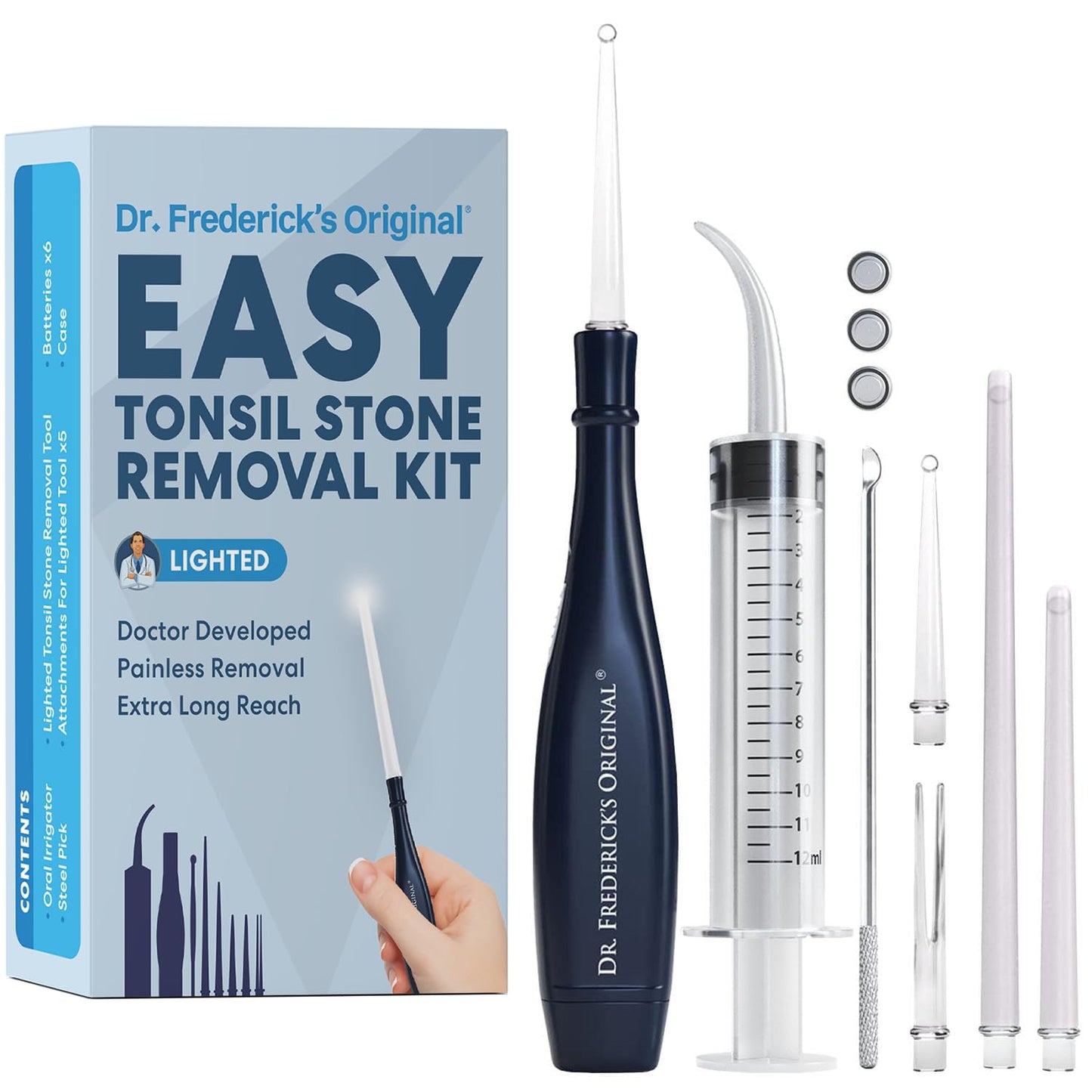Dr. Frederick’s Original Easy Tonsil Stone Remover Kit - Fast Painless Tonsillolith Removal Tool - Fight Bad Breath - Pick and Oral Irrigator - 8 Pieces