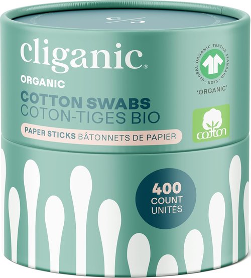 Cliganic Organic Cotton Swabs - 100% Pure Natural Cotton, Chlorine-Free & Hypoallergenic | 400 Count