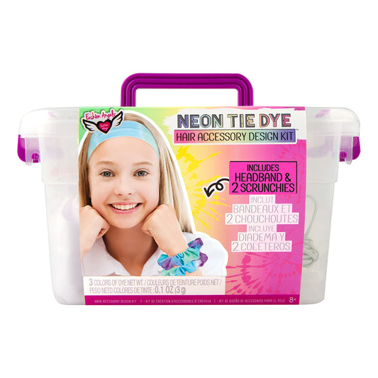 Fashion Angels Tie Dye Kit - Neon Tie Dye Hair Accessories Kit, Non Toxic Dyes, Complete Set with Scrunchies, Headband, Gloves, Elastic Bands, and Storage Bin