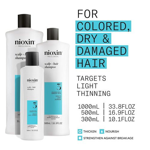 Nioxin System 3 Hair Thickening Shampoo - Nourish Colored & Damaged Hair | Strengthen with Niacinamide & Biotin