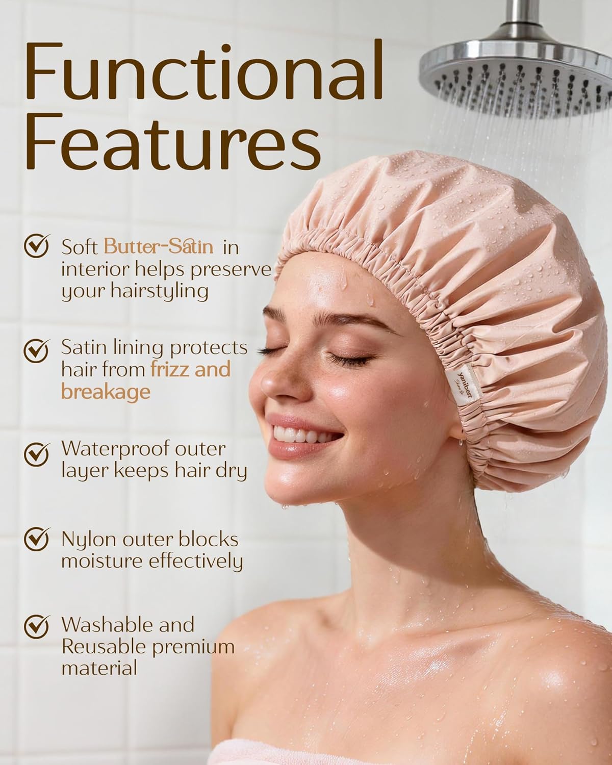 Yanibest Satin Lined Shower Cap - Reusable Waterproof Hair Protection Cap for Women | Large Peachy Pink