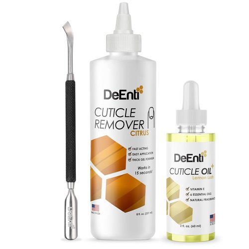 DeEnti Cuticle Maintenance Pack - Citrus Scented Remover, Nourishing Oil & Metal Pusher Tool | Salon-Grade Nail Care Kit