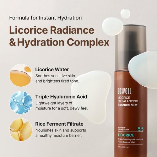 ACWELL Licorice Face Mist - Hydrating pH Balancing Essence with Triple Hyaluronic Acid & Panthenol, 3.38 fl oz