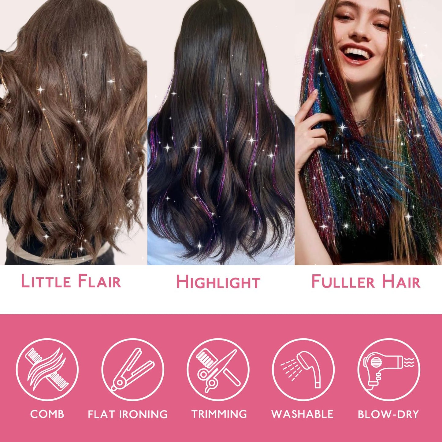 WENNALIFE Hair Tinsel for Girls, Mix 3 Colors Fairy Hair Tinsel Kit 1200 Strands 6PCS 48 Inch Heat Resistant Glitter Tinsel Hair Extensions Kit Christmas Hair Feathers Tinsel for Hair Sparkle Strands