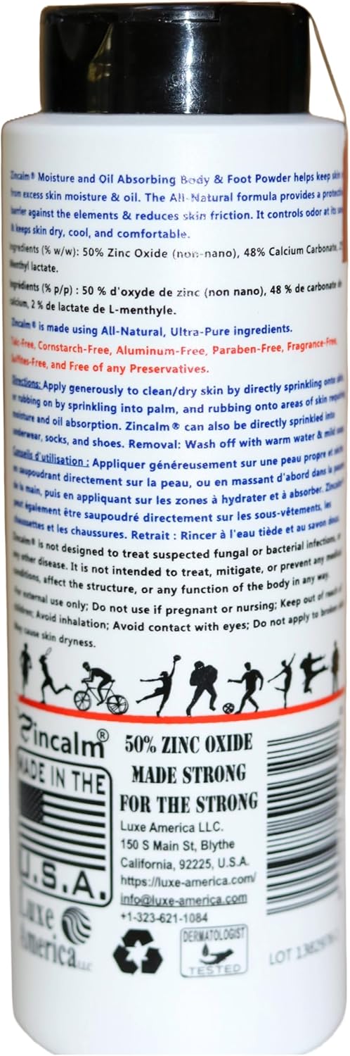 Zincalm All-Natural Body & Foot Powder - 50% Zinc Formula for Moisture & Odor Control | Anti-Chafing Relief