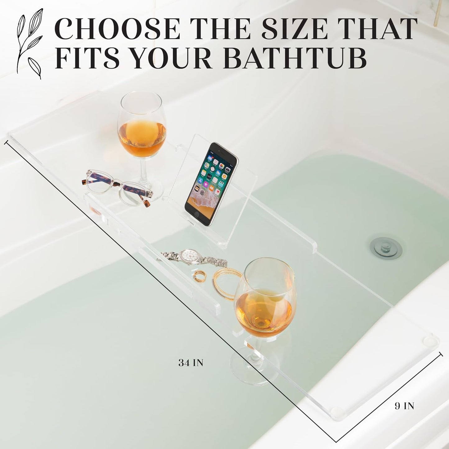 Supreme Plus Luxury Bathtub Tray Caddy - 3/8" Thick Clear Acrylic with iPad & Wine Glass Holders