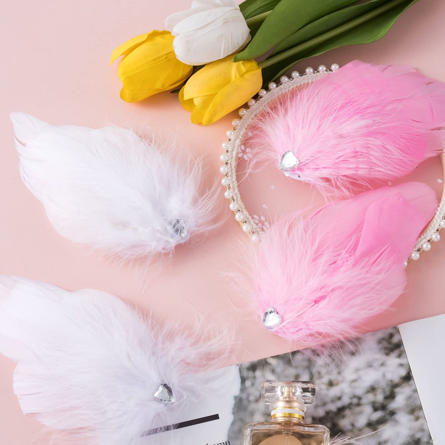 ANCIRS 4 Pack Feather Hair Clips for Women, Fly-Wing Shape Hair Barrettes Accessory Hairpins 1920s Flapper Headpiece Hair Piece for Swan Lake Cosplay Show Party Halloween Costume- 2 White & 2 Pink