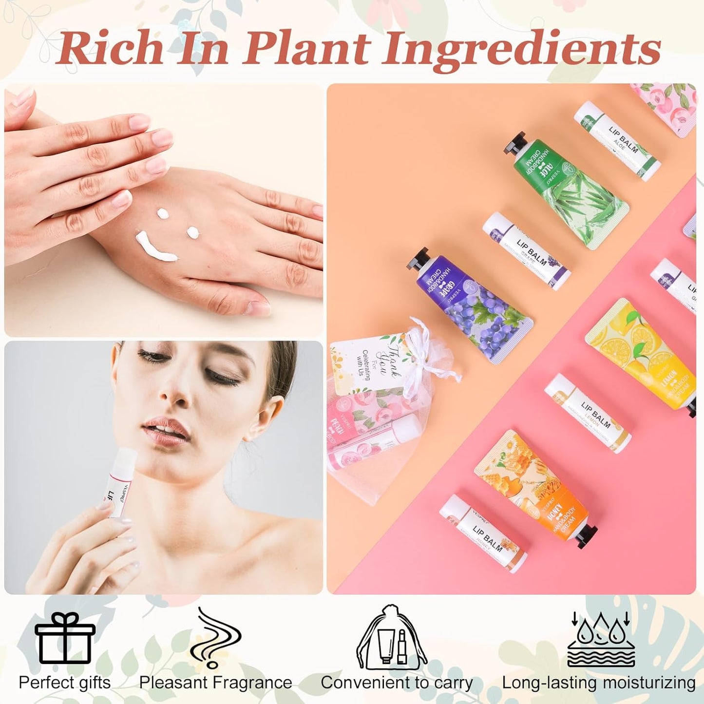 VESPRO Hand Cream & Lip Balm Set - 30 Pack with Thank You Cards & Organza Bags | Perfect for Mother's Day, Weddings & Gifts