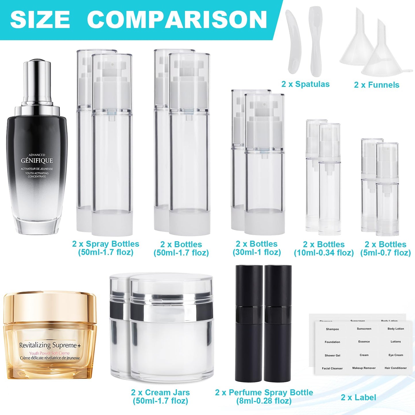 Bubimon 20 Pack Airless Pump Jar & Atomizer Perfume Spray Bottles Set, Leak Proof, Travel Cosmetic Containers for Shampoo Conditioner Lotion, Body wash, Cream, Toiletries, Essential Oil