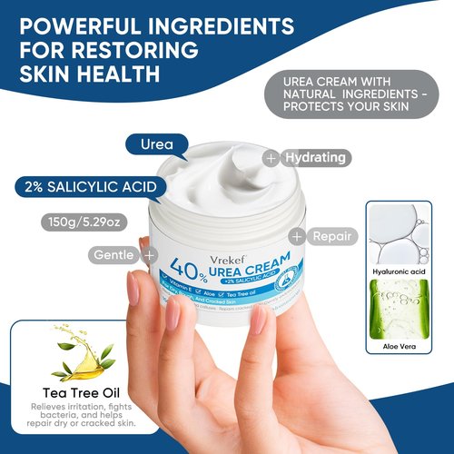VREKEF Urea Cream 40% Plus Salicylic Acid 2%, Urea Cream 40 Percent for Feet Maximum Strength, Foot Cream for Dry Heels Cracked