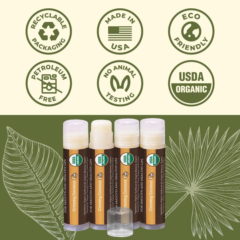 Earth's Daughter USDA Organic Lip Balm - Creamy Coconut Flavor | Beeswax & Vitamin E for Dry Lips - 4-Pack