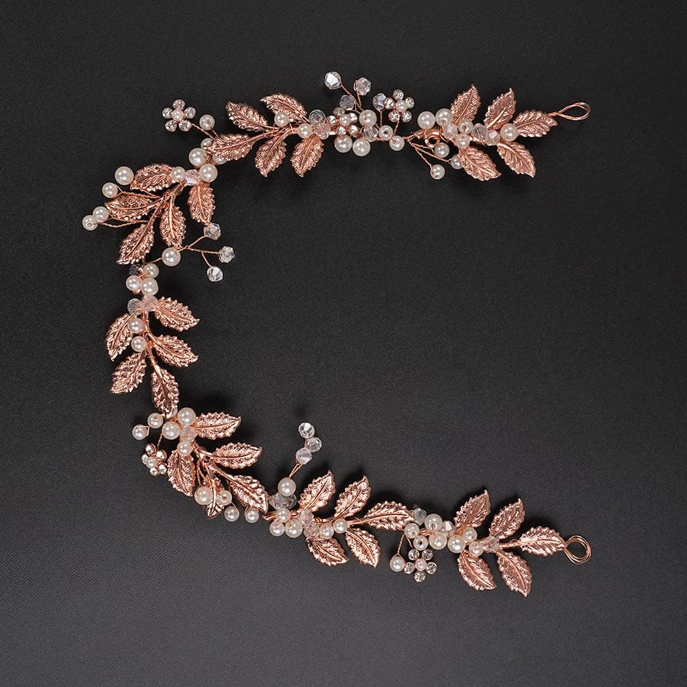 Jumwrit Wedding Headband for Bride Crystal Flower Leaf Headband Handmade Pearl Headpiece for Wedding Bridesmaid Hair Accessories（Rose Gold）