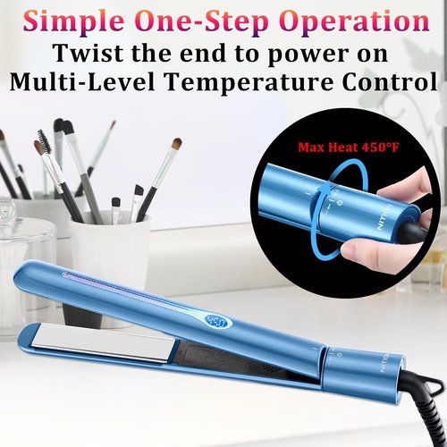 NITION Nano Titanium Hair Straightener - 1 Inch Flat Iron with 3D Floating Plates | Fast Heating & Travel Pouch Included
