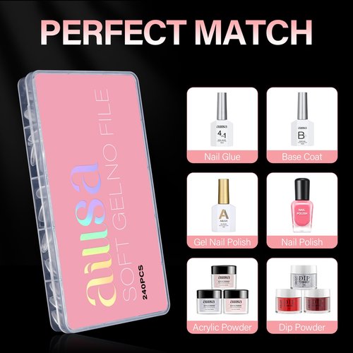 AILLSA Short Almond Nail Tips Pre-Shaped Acrylic Nail Tips Half Matte Full Cover Nails Tips Clear Gelly Press on Flase Tip Nail for Extension Nail Manicure Home DIY 240PCS 15Sizes