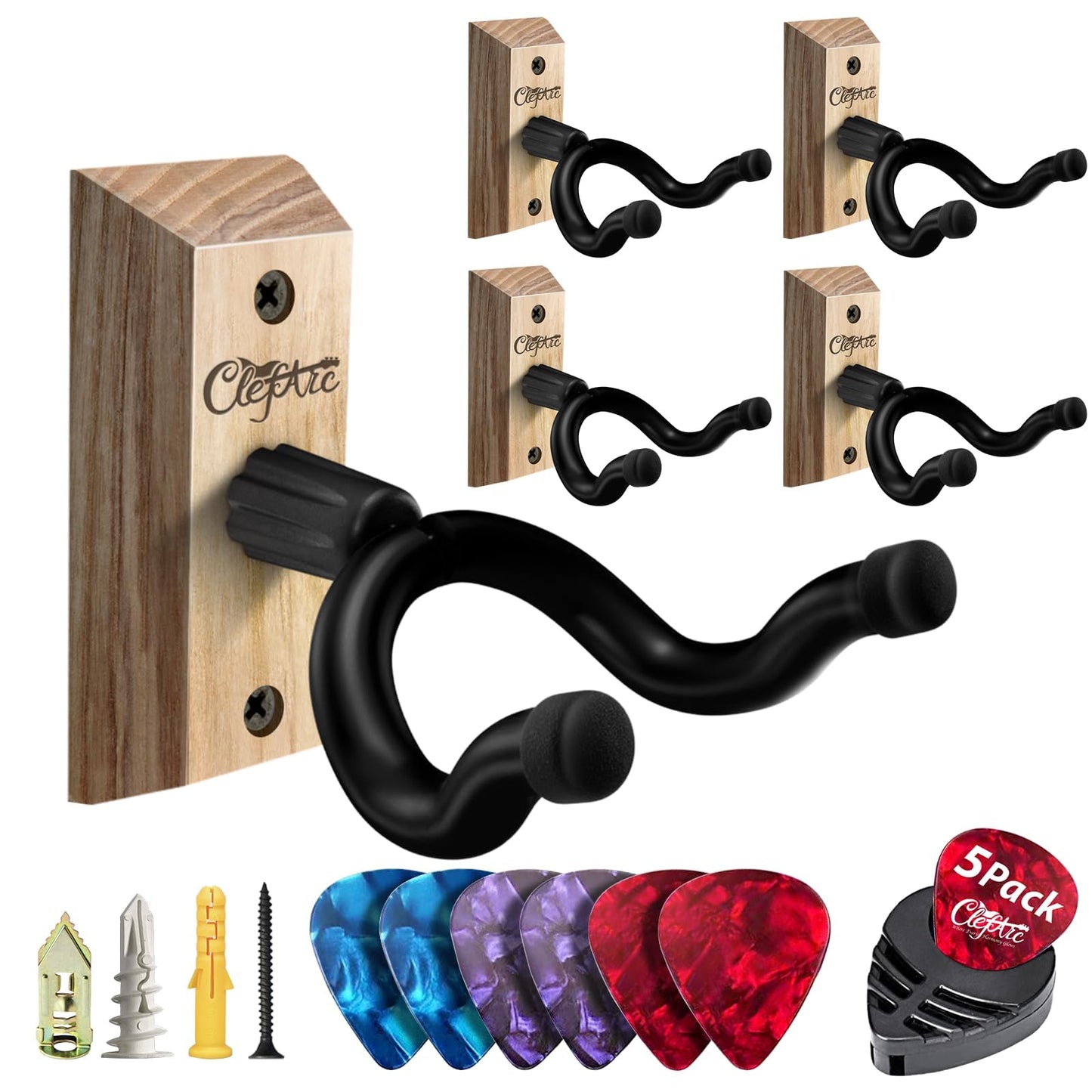 Guitar Wall Mount - Ashwood Hardwood Guitar Wall Hangers, Guitar Picks, Pick Holder, Guitar Accessories, U-Shape Hardwood Guitar Hanger, Gifts for Guitarists, with 6 Assorted Guitar Picks
