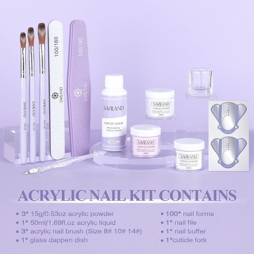SAVILAND Acrylic Nail Kit for Beginners - Clear, White & Pink Powder, 1.7 fl oz Liquid, 100 Nail Forms