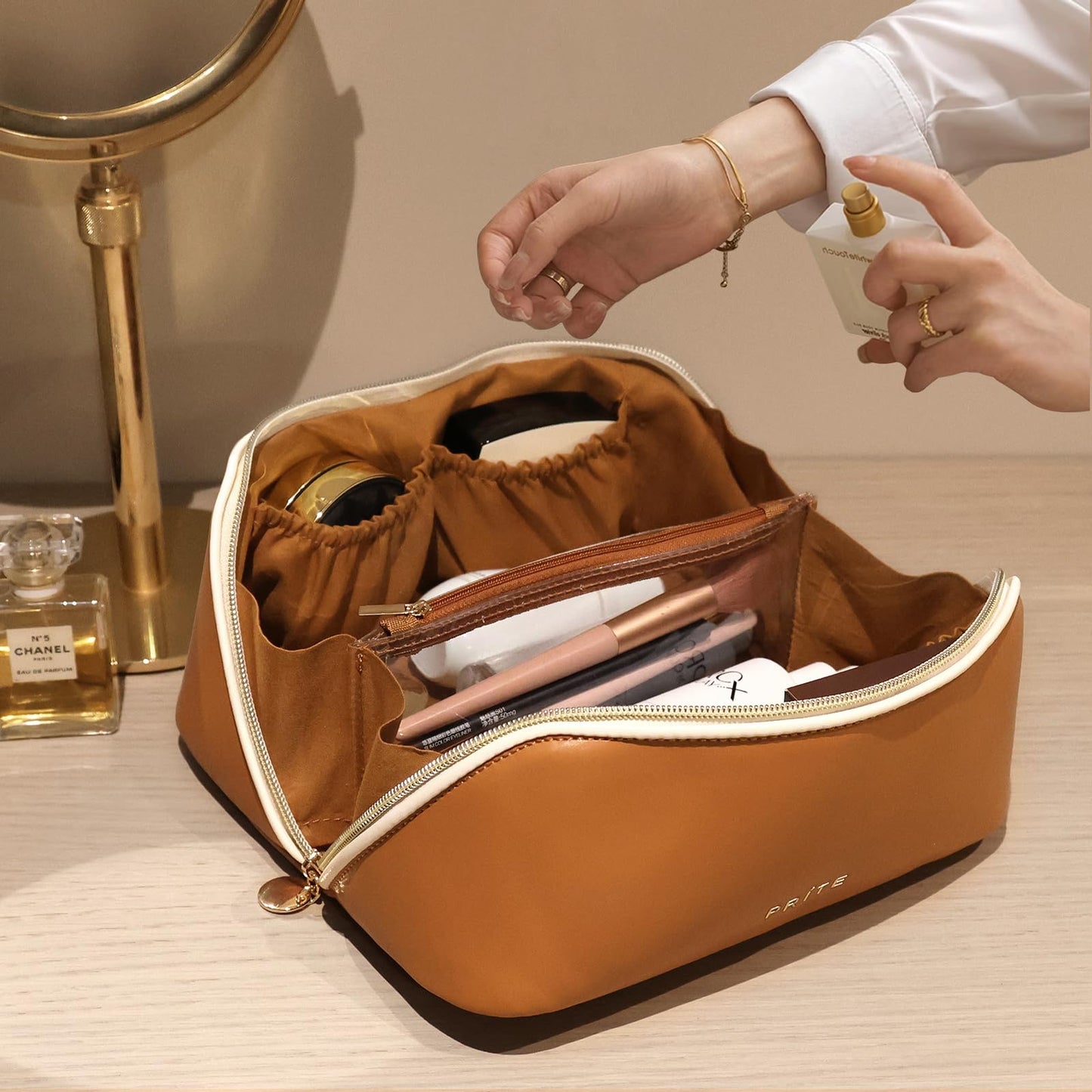 Prite Travel Cosmetic Bag Makeup Organizer Bag For Women Large Capacity Waterproof PU Leather Toiletry Bag with Jacquard Ribbon Handle and Clear Divider(New Brown)
