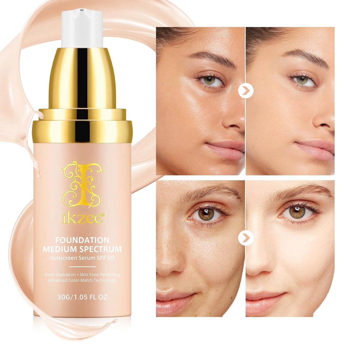Skiennix 4-in-1 Foundation Liquid - SPF 50+, Medium Coverage, Color Matching, Waterproof Formula