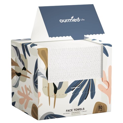 Ourmed Life Biodegradable Face Towels - Lint-Free, Extra Large 10"×12" Wipes for Sensitive Skin | 50 Count