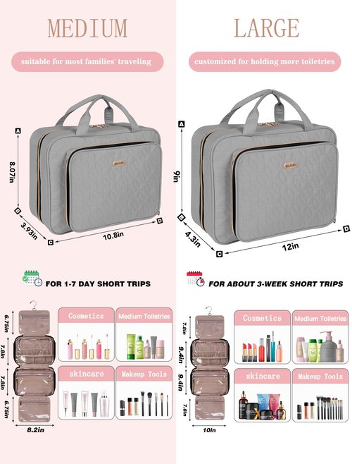 BALULHG Travel Toiletry Bag for Women Large Capacity with Hook - Portable Cosmetic Case,Hanging Makeup Bag for Full Sized Toiletries,Travel Essentials for Business Trips and Camping Grey
