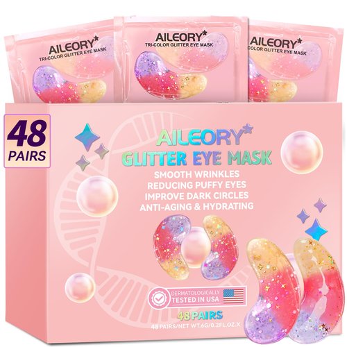 AILEORY Under Eye Patches (48 Pairs) - Tri-color Glitter Eye Gel Pads for Dark Circles, Puffy Eyes, Under eye Bags, Wrinkles | Natural Collagen Under Eye Mask Patches, Gel Under Eye Patches