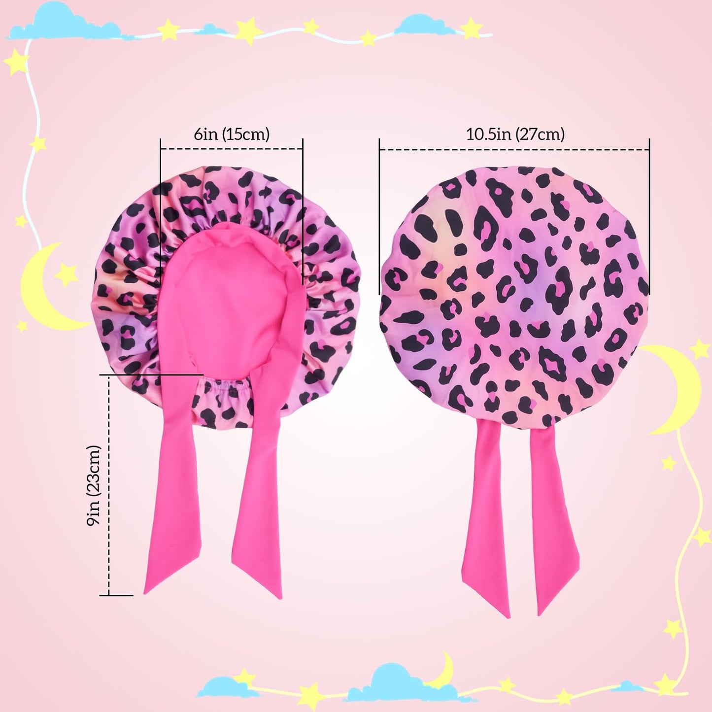 Lolalet 2 PCS Kids Bonnets for Girls, Reversible Silk Bonnet for Sleeping Satin Bonnet Cap with Wide Elastic Band -Cow & Leopard