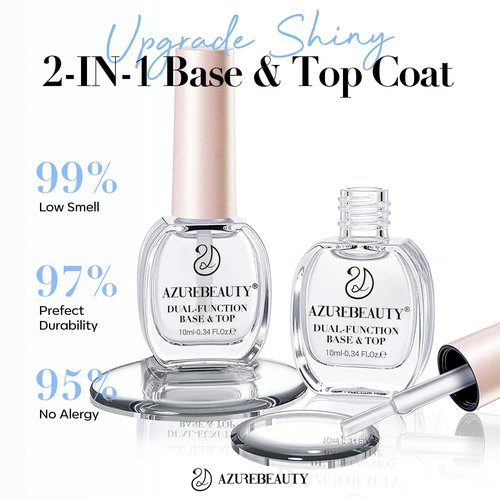 AZUREBEAUTY 2-in-One Clear Base & Top Coat Nail Polish Strengthener Set – Quick Dry, High Shine, Long Lasting, Air Dry, 2 Bottles 10ml, Gentle Formula, Natural Ingredients, Salon Quality