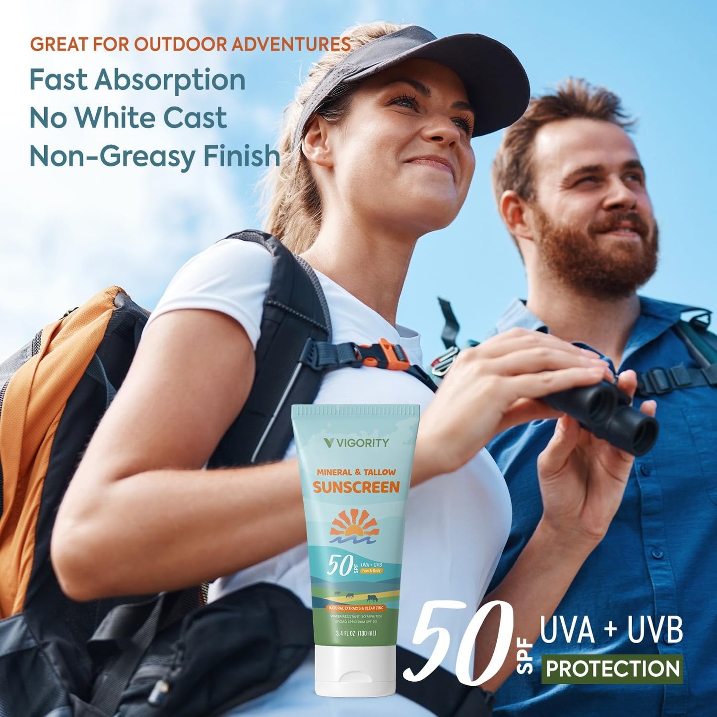 Vigority Tallow Sunscreen SPF 50 - Natural Grass-Fed Beef Tallow & Non-Nano Zinc Oxide | Moisturizing, Non-Greasy, Reef Safe for Adults & Kids (3.4 oz)