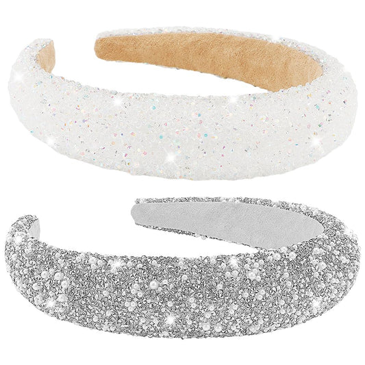 AHONEY 2 Pack Rhinestone Headband for Women Girls, Glitter Sequin Beaded Pearls Padded Headbands for Women Prom Wedding Sparkly Hair Bling Birthday Hair Accessories (Silver&White)