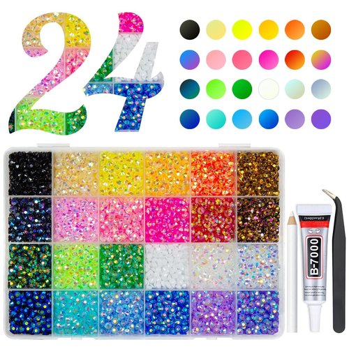 qiipii 24 Color 5mm Jelly Resin Rhinestones w B7000 Jewelry Glue for Bedazzling Flatback Stones Bedazzler Kit Colorful AB Gems Diamonds Charms for Nails Eyes Face Makeup Crafting Tumblers DIY Crafts