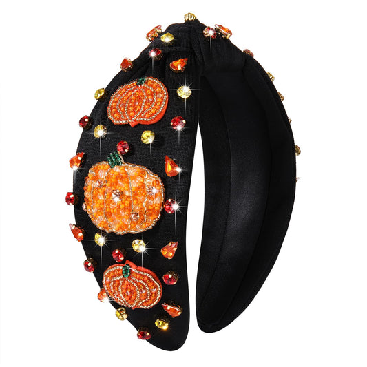 JERTOCLE Thanksgiving Headband Accessories for Women Fall Pumpkin Beaded Headband Tweed Crystal Knotted Headband Autumn Thanksgiving Costume Outfits (Triple Pumpkin)