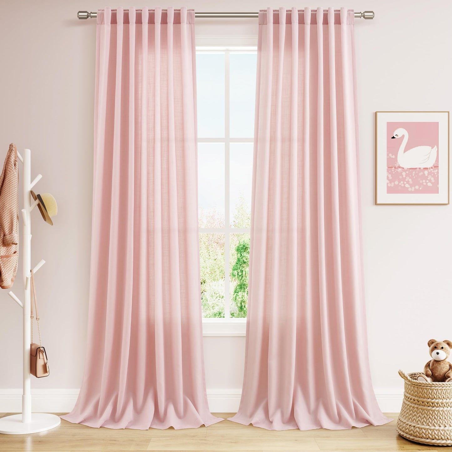 Nanspring Natural Linen Curtains for Kitchen Windows Over Sink - Cafe Curtain Semi Sheer with Rod Pocket and Back Tab Lightweight Rustic Textured Bistro Curtains for Bathroom, 2 Panels 25 x 24 Inch