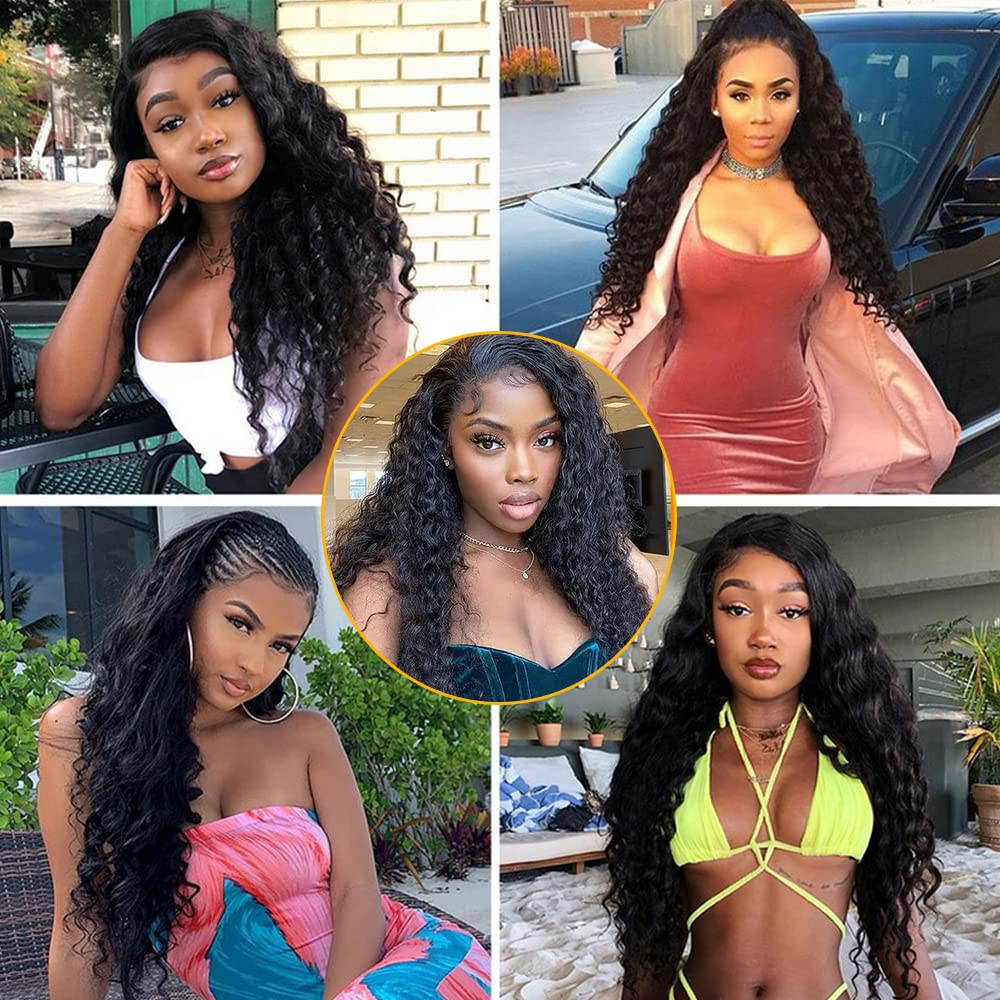 QTHAIR 12a Grade Brazilian Deep Wave Human Hair Bundles/Closure/Frontal/Wigs 100% Unprocessed Brazilian Virgin Hair Deep Curly Hair (18", 4x4 Closure)