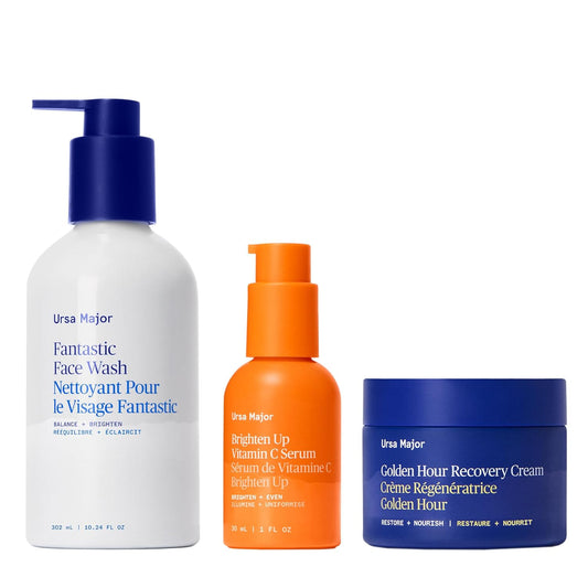 Ursa Major Golden Hour Glow Bundle - Daily Glow Essentials | Recovery Cream, Vitamin C Serum, Face Wash | 3 Count