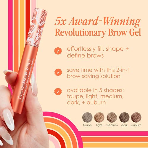Grande Cosmetics GrandeBROW Tinted Brow Gel & Enhancing Serum - Thicker, Darker Eyebrows, Long Wear with Castor Oil & Mini Fibers