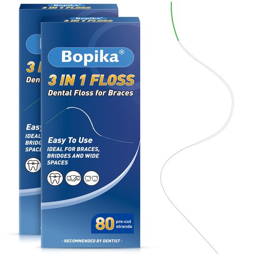 Bopika 3-in-1 Dental Floss for Braces & Bridges, Pre-Cut Strands – Built-in Threader & Thick Spongy Floss for Orthodontic Care – Easy Reach for Gaps & Appliances