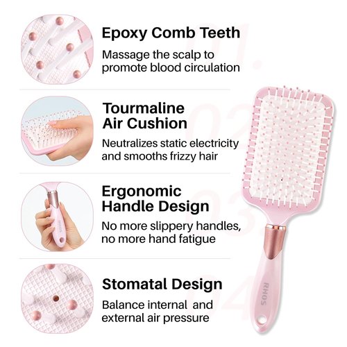 RHOS Paddle Brush - Detangler for Thick, Curly, Long Hair | Nylon Bristles Cushion Brush - Pink