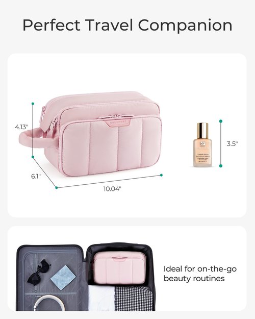BAGSMART Travel Makeup Bag Organizer, Puffy Make Up Bag, Cosmetic Organizer Case for Travel Essentials Toiletries Accessories Bottles, Brushes (Pink)