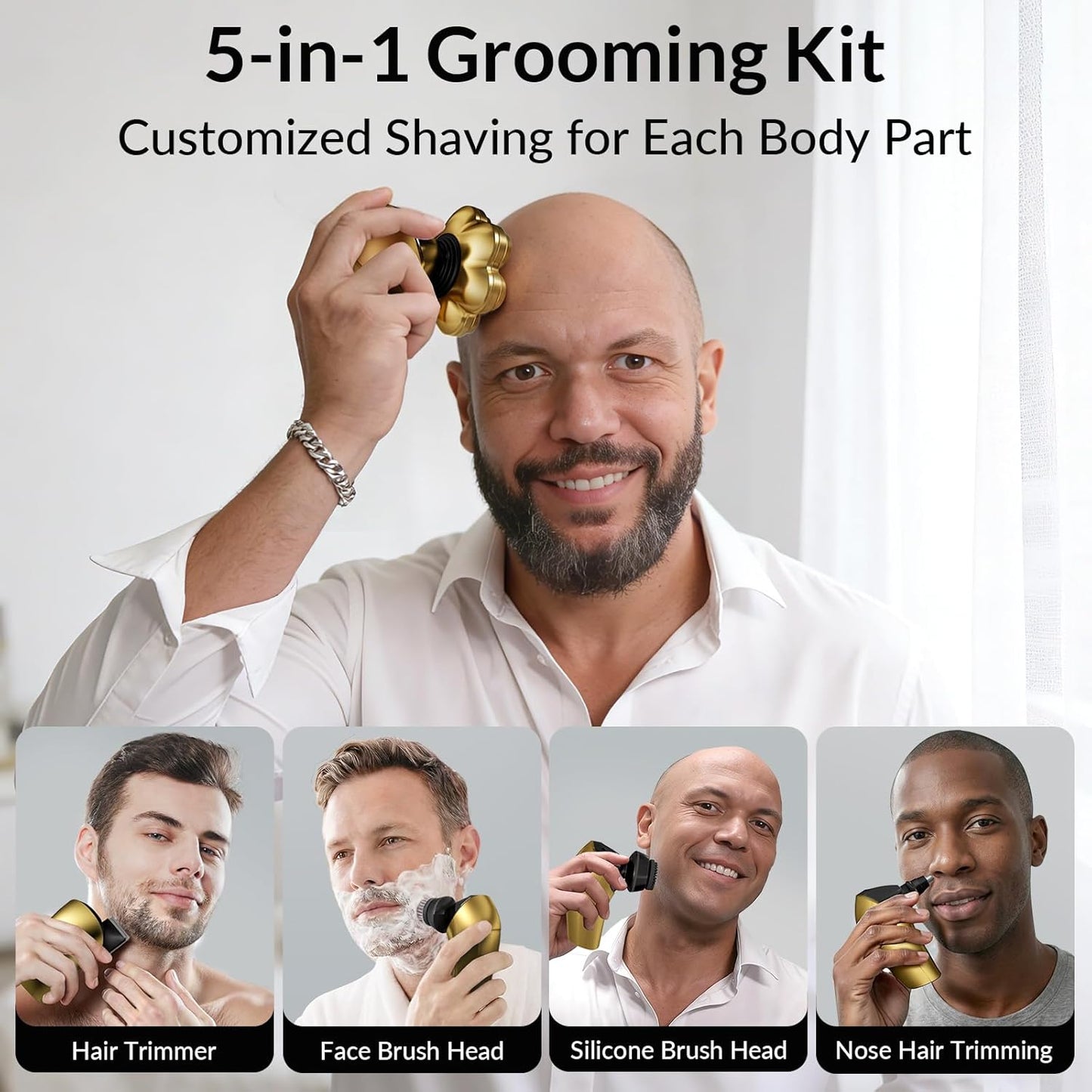 7D Arc Magnetic Head Shaver by [Brand Name] - Waterproof 5-in-1 Electric Razor & Grooming Kit, Gold