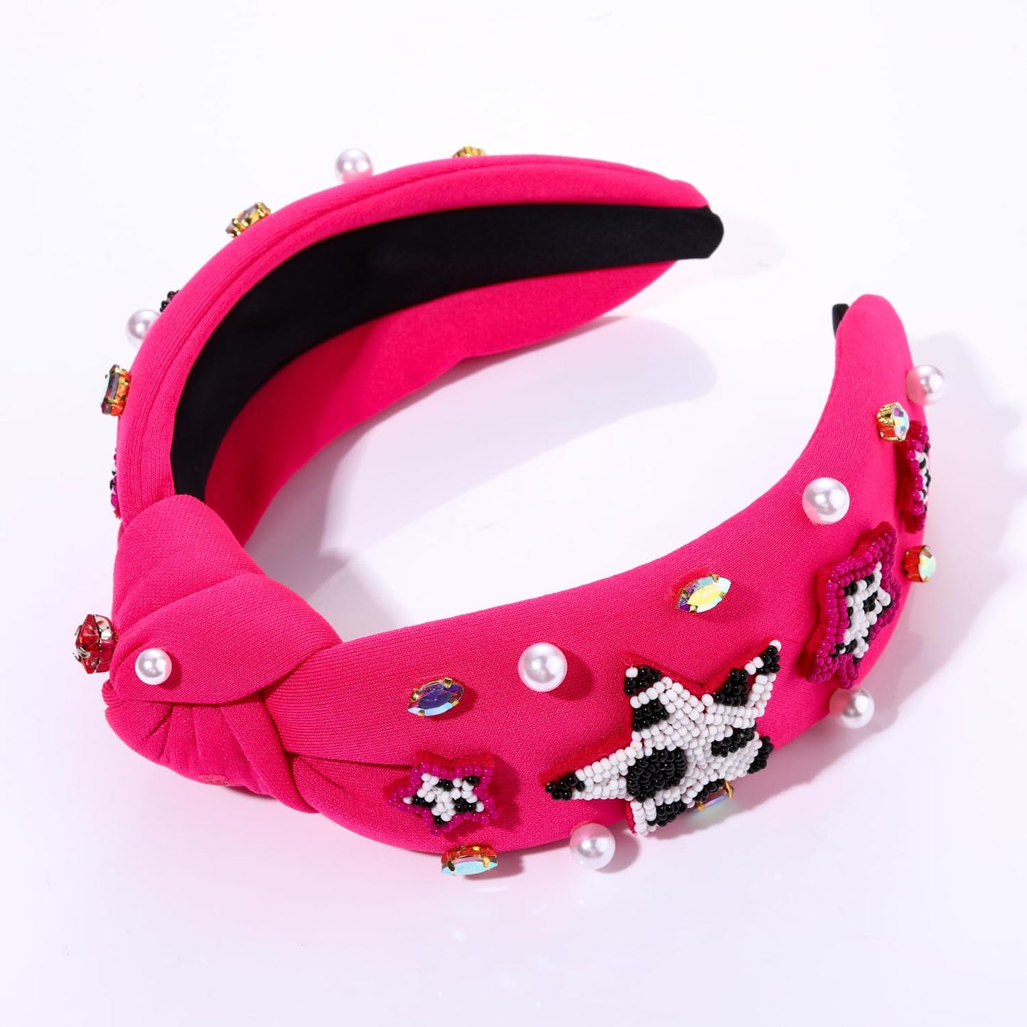 Hot Pink Knotted Headband Western Cowgirl Headband Accessories for Women Beaded Cowboy Boot Embellished Headband Rhinestone Crystal Pearl Top Knot Headband Rodeo Nashville Bachelorette Party Country