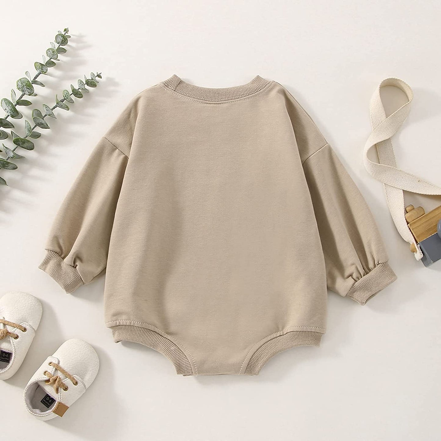 DOSYZTO Baby Boy Girl Fall Outfit Long Sleeve Bubble Romper Sweatshirt Top Solid Color Jumpsuit Infant Bodysuit Clothes (Solid Khaki Romper,12-18 Months)