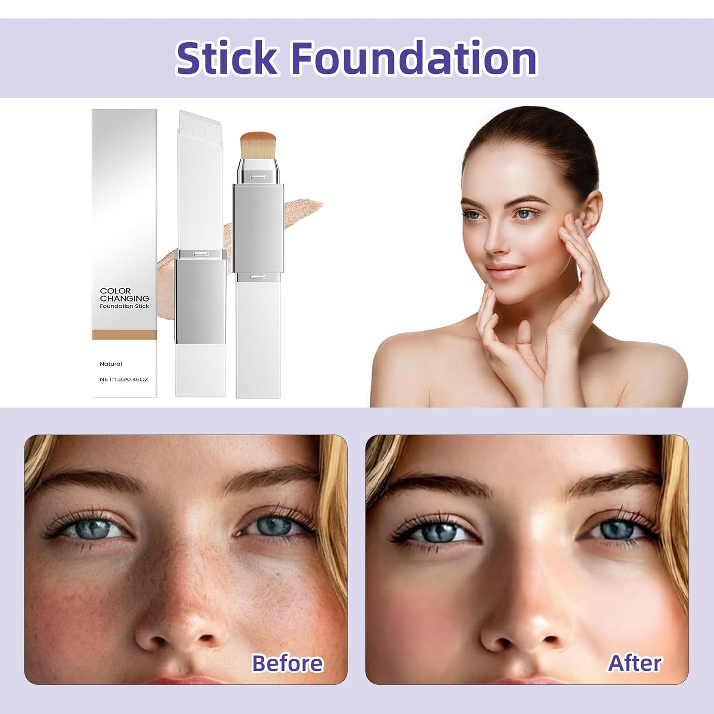 Skiennix Color Changing Foundation Stick - 2-in-1 Hydrating Concealer with Detachable Brush | Portable Daily Makeup (Natural, 13g)