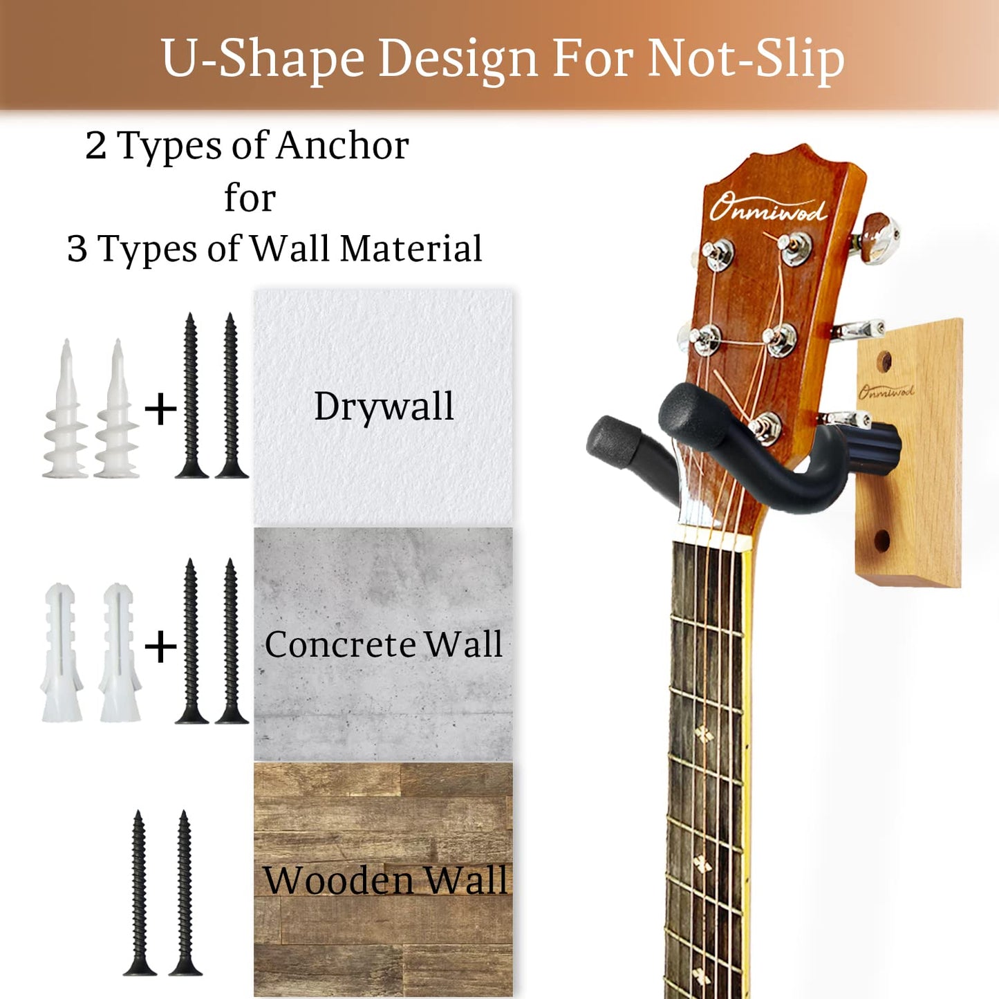 Guitar Wall Mount, Acacia Hardwood Guitar Hanger, U-Shaped Guitar Wall Hanger Mount, Guitar Holder Hook Stand for Acoustic, Electric Guitar, Banjo, Bass, Gift for Guitar Player