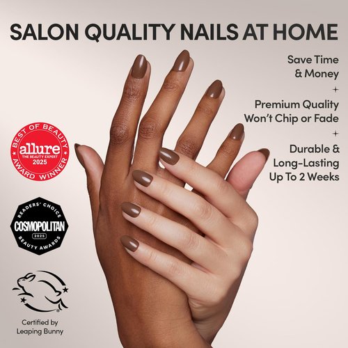 Glamnetic Press On Nails - Chocolat | Semi-Transparent Dark Brown French Tip Short Almond Fake Nails in a Glossy Finish, Salon Quality | 15 Sizes - 30 Nail Kit