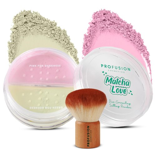 Profusion Cosmetics Matcha Love Duo - Weightless 2-in-1 Correcting Setting Powder & Kabuki Brush | Talc-Free, Redness Reducing Makeup