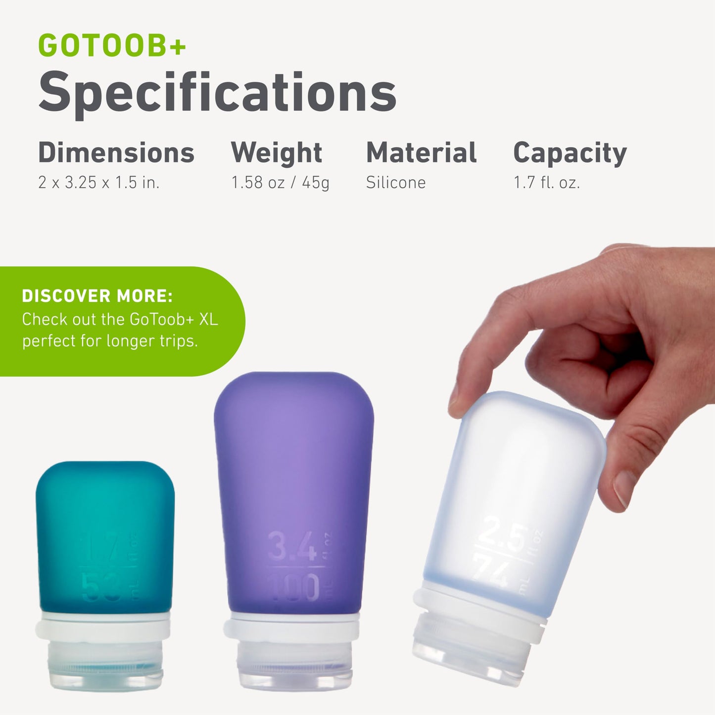 humangear GoToob+ (Small) | Refillable Silicone Travel Bottle | Locking Lid | Food-Safe Material | Green, Small (1.7 fl.oz; 53ml)