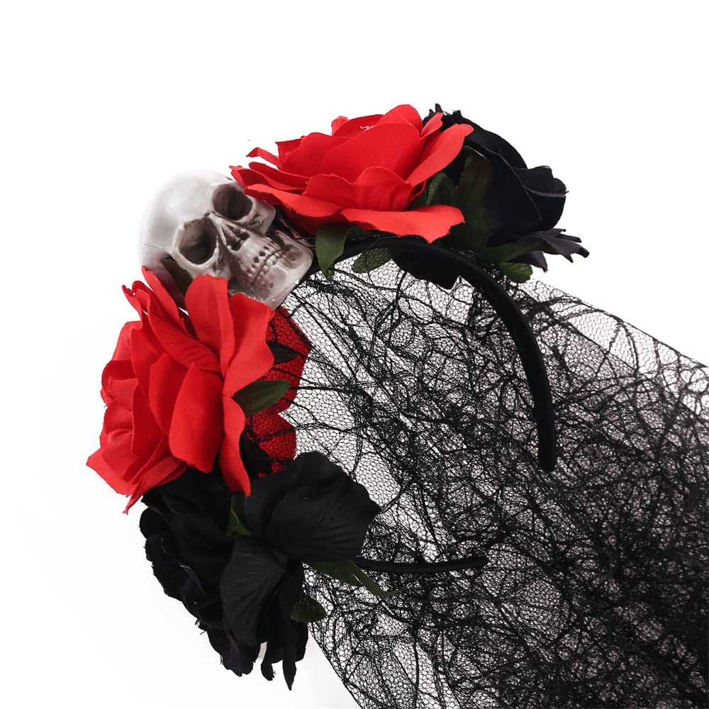 Bubbmi Mexican Rose Flower Crown Headband with Black Veil, Day of the Dead Headpiece, Halloween Festival Headwear with Skull, Dia De Los Muertos Hairhoop (Mexican E)