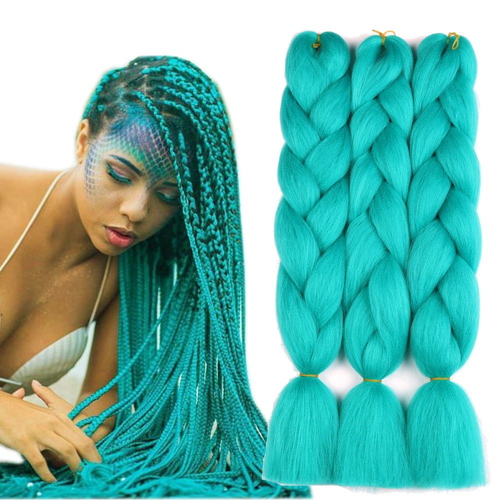 Sharopul Original Jumbo Braids Hair Extension can shrink in hot water profession at box braids 3pcs Pure Solid Cyan Blue Color 24inch 100g/pc For Twist Box Braiding Hair (cyan blue)